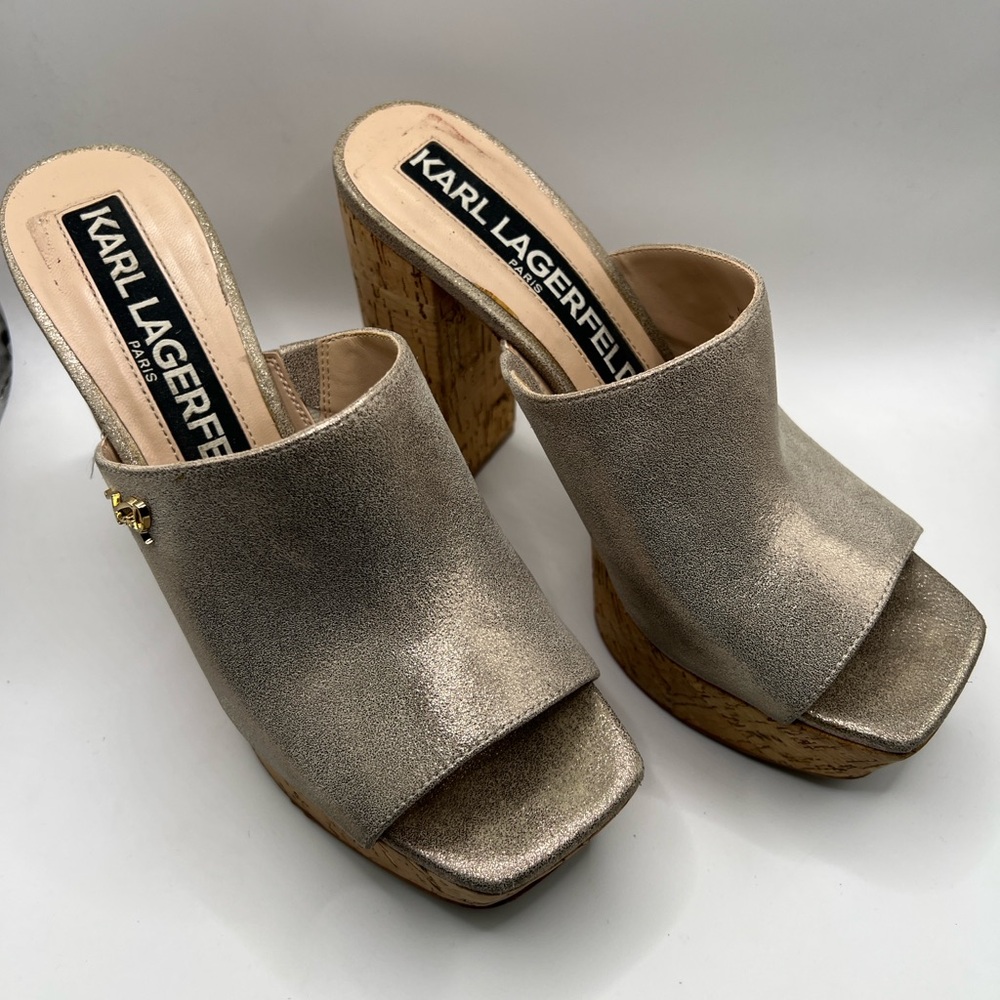 Karl Lagerfeld Paris Metallic Cork Platform Mule Heels 6.5 5” Heel